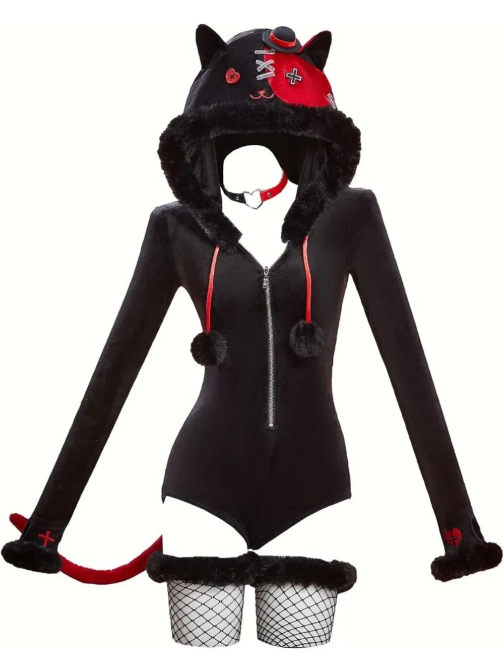 Gothic Furry Hooded Bodysuit Romper - Deep V Cat Costume for Halloween